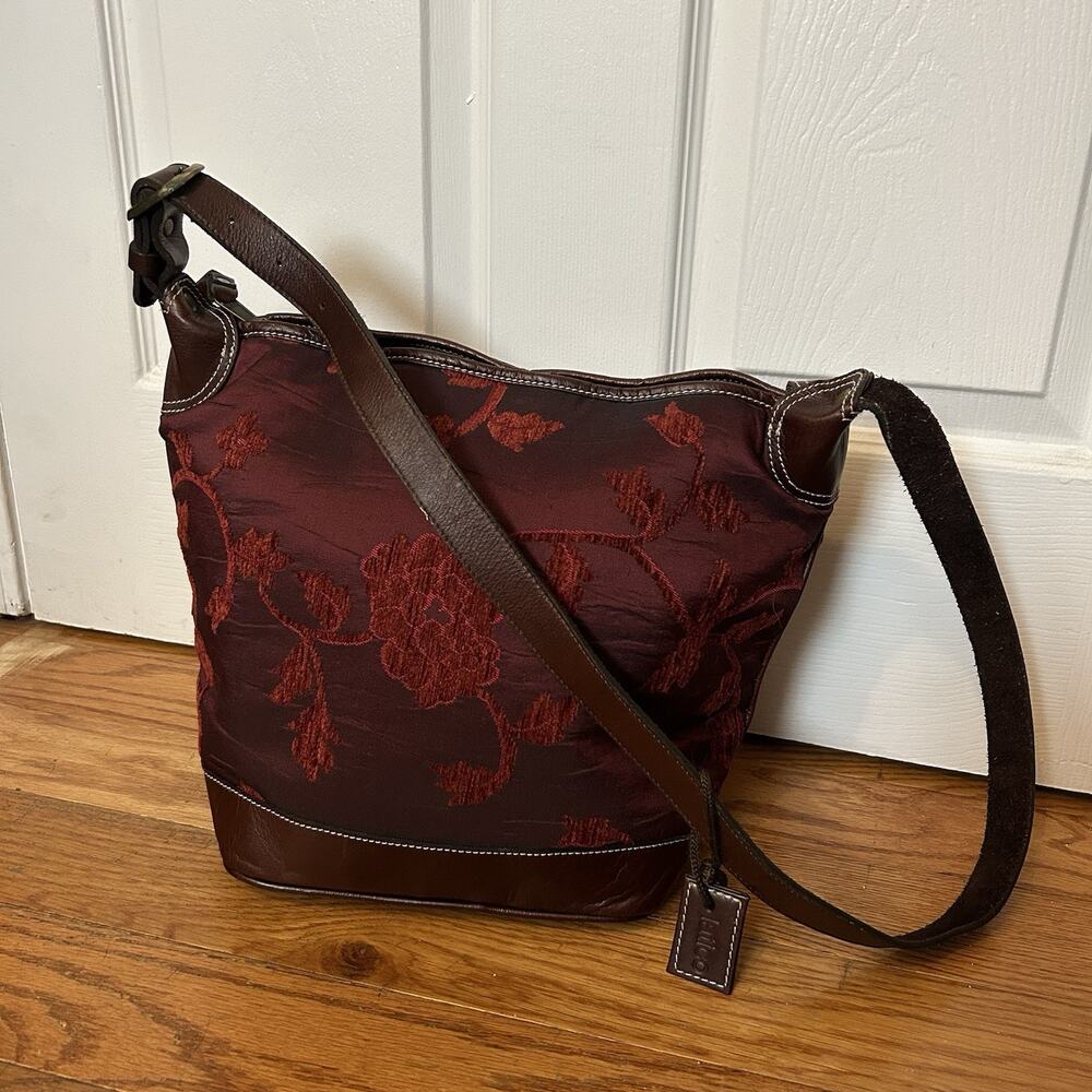 Latico Red Floral Tapestry Leather Zip Hobo Crossbody Tote Bag